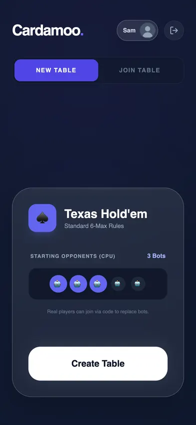 The lobby in January 2026: a dark navy prototype with indigo buttons and a single game card.
