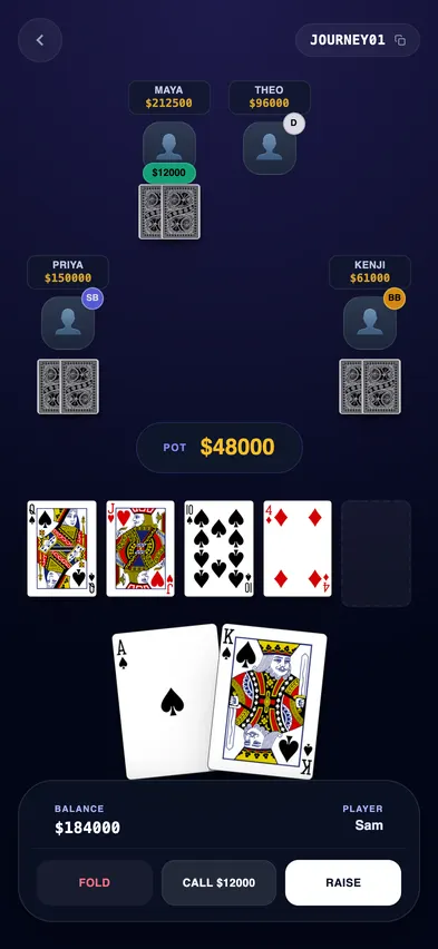 The game room in January 2026: a grey table, the pot as plain text, basic action buttons.