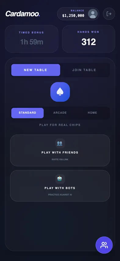 The lobby in January 2026: a dark prototype with New Table and Join Table tabs, stat cards and a row of game modes.