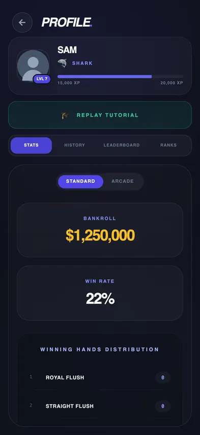 The profile in January 2026: a plain dark card listing your name, rank, virtual chip balance and win rate.