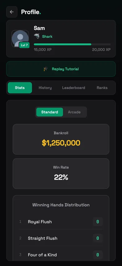 The profile in February 2026: a dark card with your name, rank, virtual chip balance and win rate.