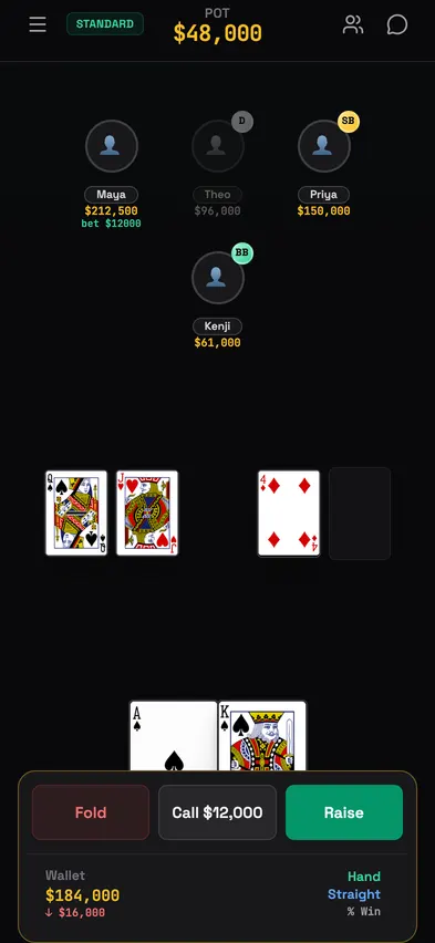 The game room in February 2026: a dark felt with a mode chip in the header and a Wallet and Hand footer.