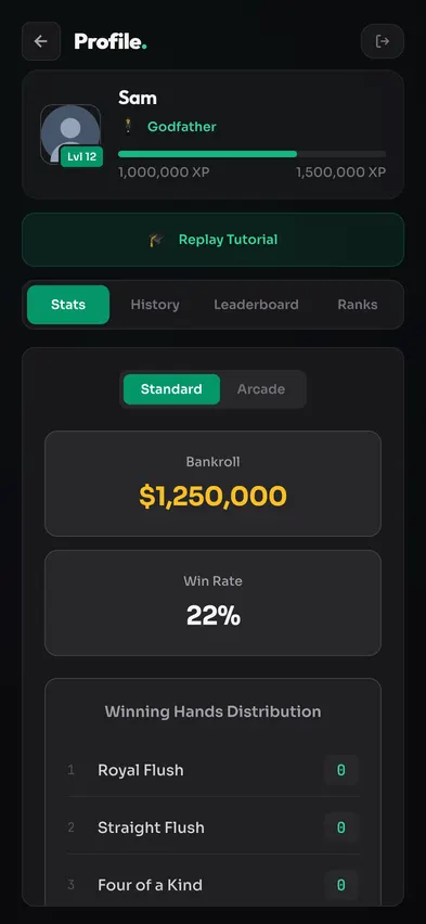 The profile in February 2026: a dark card with your name and rank above your virtual chip balance and win rate.
