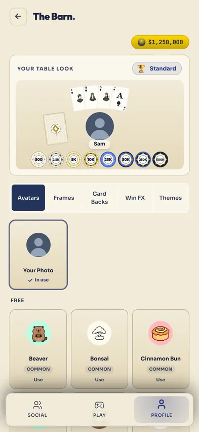 The Barn in September 2026: tabs for Avatars, Frames, Card Backs, Win FX and Themes, with a row of avatars free to pick.