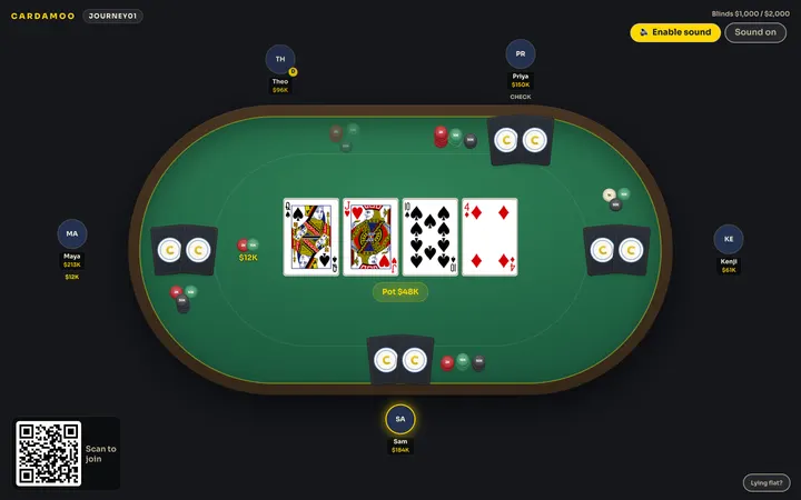 The Poker Night big screen in September 2026: a dark felt with five seats, the board and pot in the middle, and a code to scan and join.