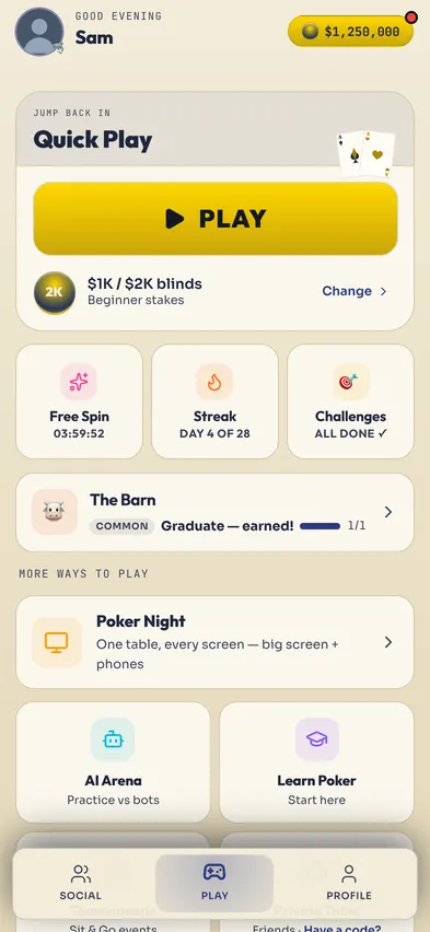 The lobby in September 2026: the Paper look as it stands today, virtual chip balance up top and Quick Play front and centre.