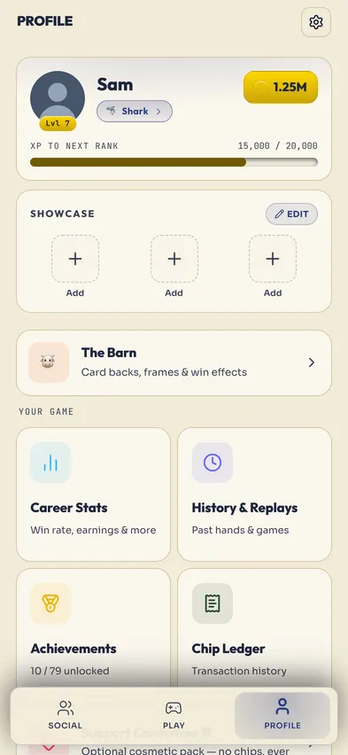 The profile in September 2026: a Paper player card with your level, your badges and your friend code.