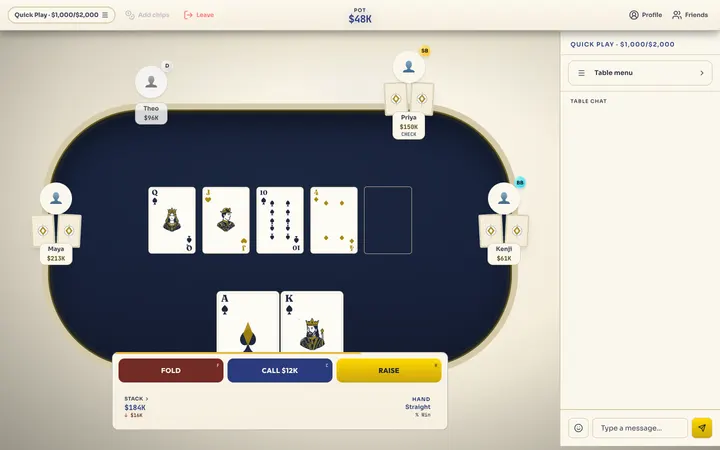 The game room today on a tablet, September 2026: the felt centred in the Paper look with the table menu in a side rail.