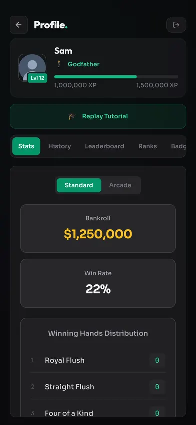 The profile at version 1.0 in March 2026, rebuilt for a phone: name, rank, virtual chip balance and win rate on one dark card.