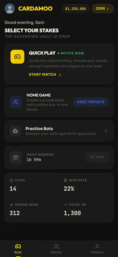 The lobby in March 2026: the new navy and gold look, with the game modes as scrollable cards.