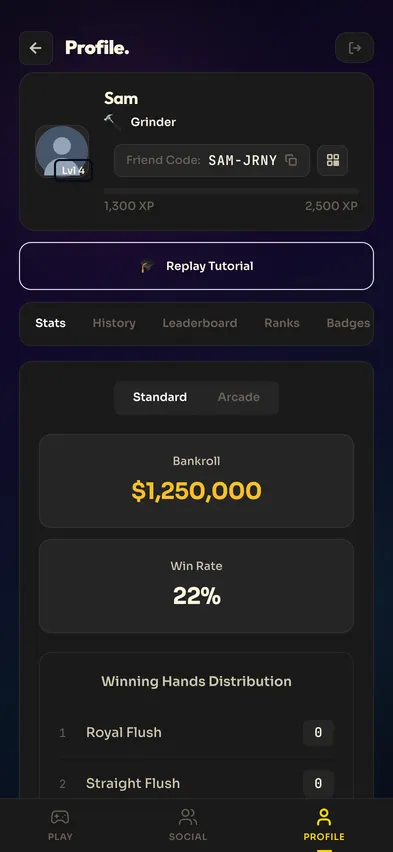 The profile in March 2026 in the new navy and gold look: your name and rank on a card, with your virtual chip balance and win rate below.