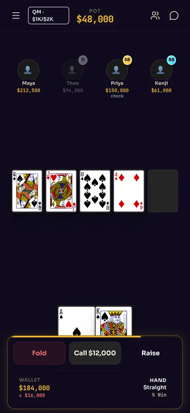 The game room in March 2026: navy felt with gold accents on the pot and the action buttons.