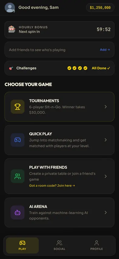 The lobby at version 1.4.0 in April 2026: navy and gold, with rewards and game modes stacked as cards.