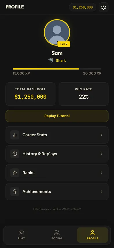 The profile at version 1.4.0 in April 2026: a navy and gold player card with your level, your badges and your friend code.