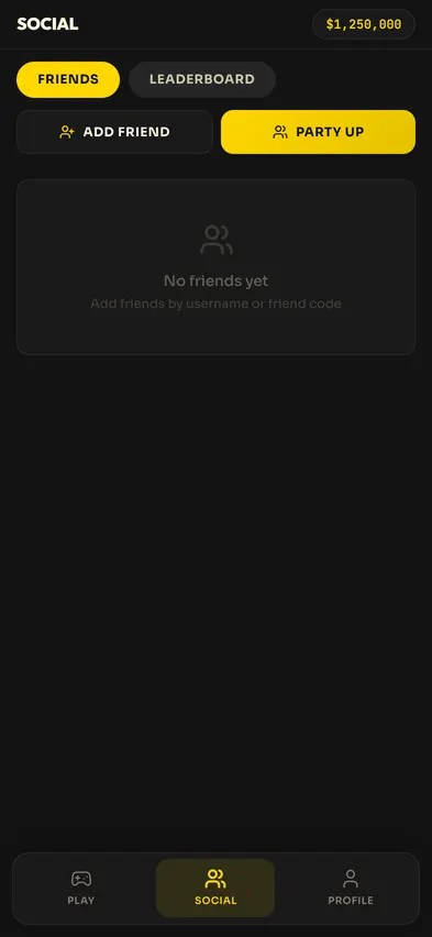 The friends list at version 1.4.0 in April 2026: a party card at the top and an empty friends list waiting for your first friend.
