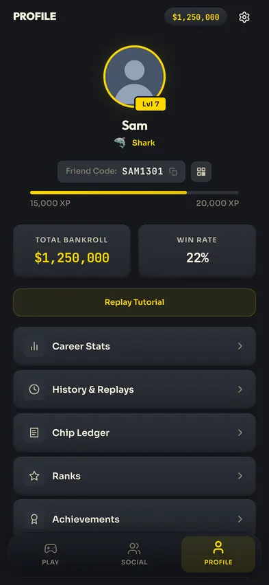 The profile at version 1.5.0 in June 2026 in the Slate Plush look: a player card with your level, your badges and your friend code.