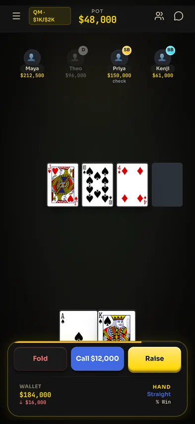 The game room at version 1.5.0 in June 2026: the Slate Plush felt with its own cards and chips.