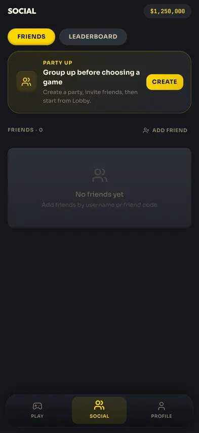 The friends list at version 1.5.0 in June 2026 in the Slate Plush look, with a party card above an empty friends list.