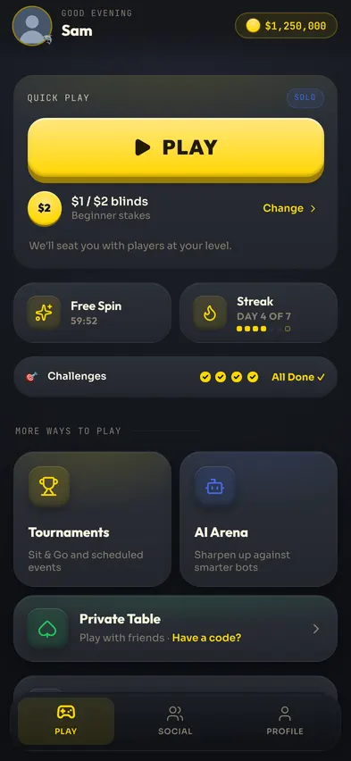 The lobby at version 1.5.2 in June 2026: a Quick Play hero on the felt band, mode cards below, navy Vault look.