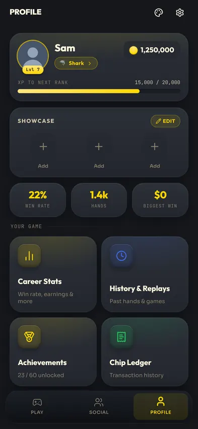 The profile at version 1.5.2 in June 2026: the rebuilt player card leading the screen, with your level, your badges and your friend code.