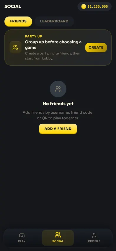 The friends list at version 1.5.2 in June 2026: the tidied party card and leaderboard above an empty friends list.