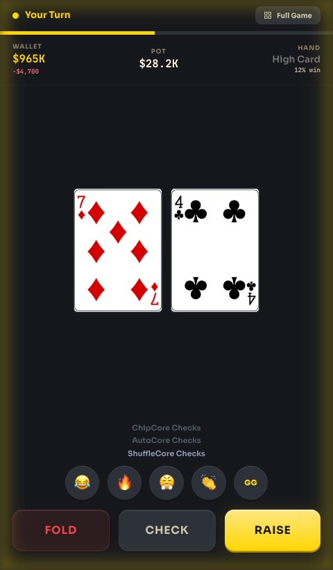 A phone showing your two cards and Fold, Check, Raise