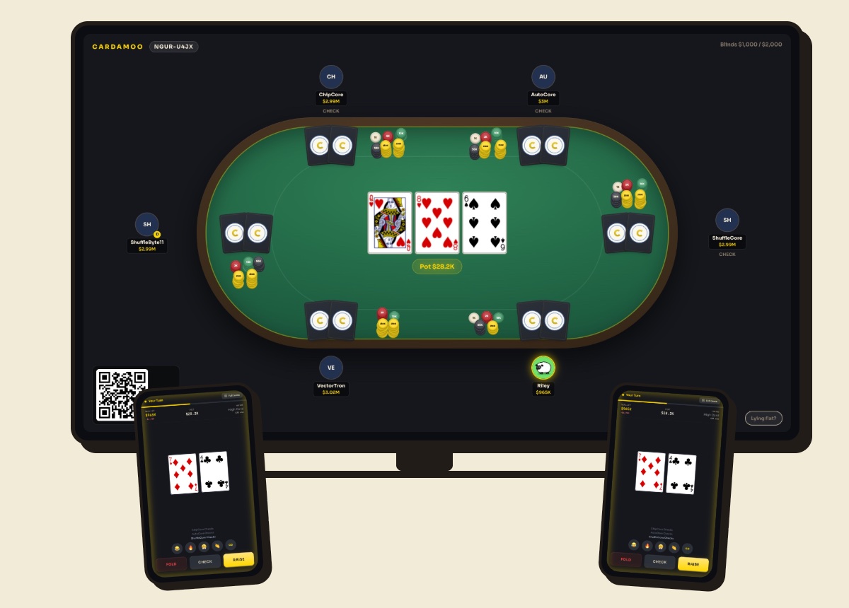 A TV showing a live Cardamoo table, with two phones in front of it showing each player's private cards