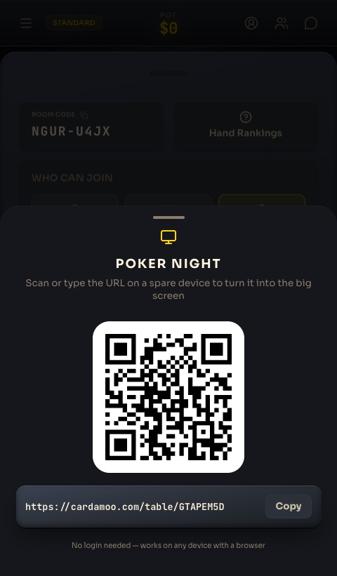 The host's phone showing the Poker Night link and QR code to put on the big screen