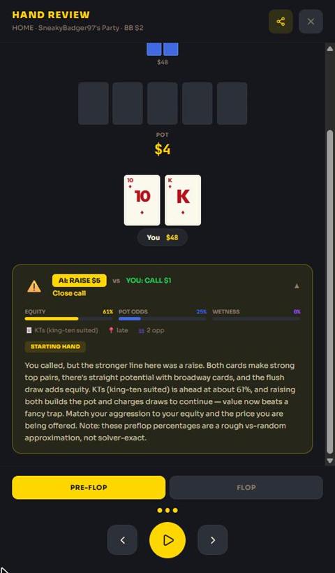 AI Coach reviewing a played hand