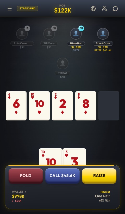 A poker table mid-hand in Cardamoo